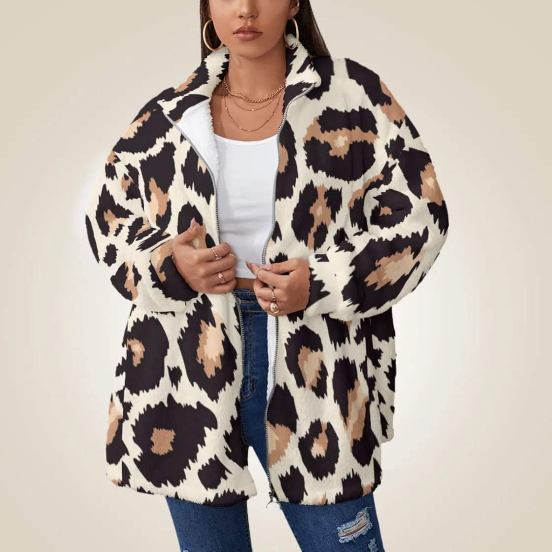 All-Over Print Unisex Borg Fleece Stand-up Collar Coat With Zipper Closure(Plus Size)