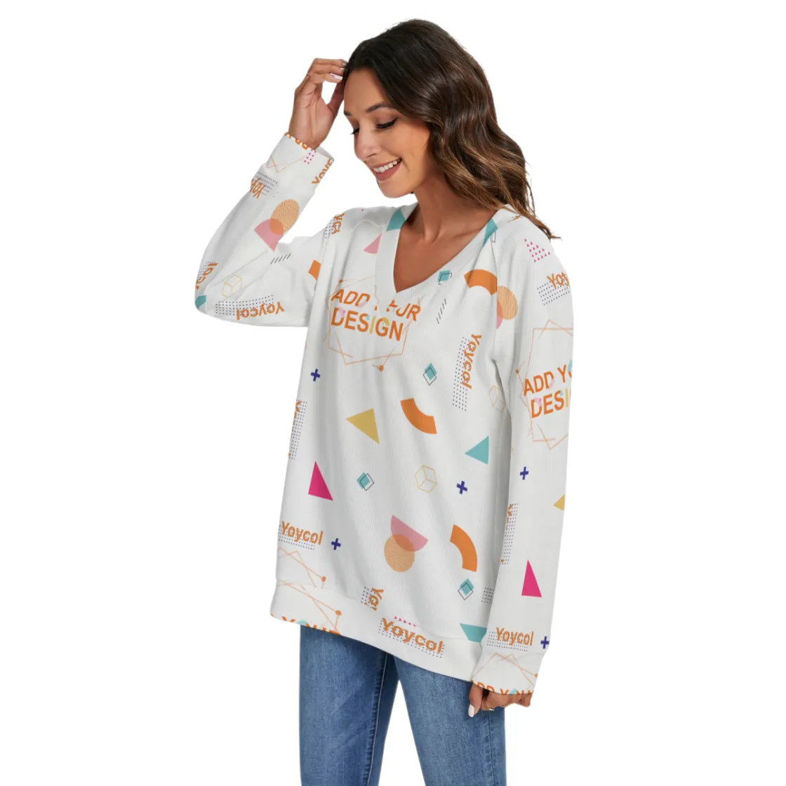 All-Over Print Women's V-neck Imitation Knitted Sweater With Long Sleeve