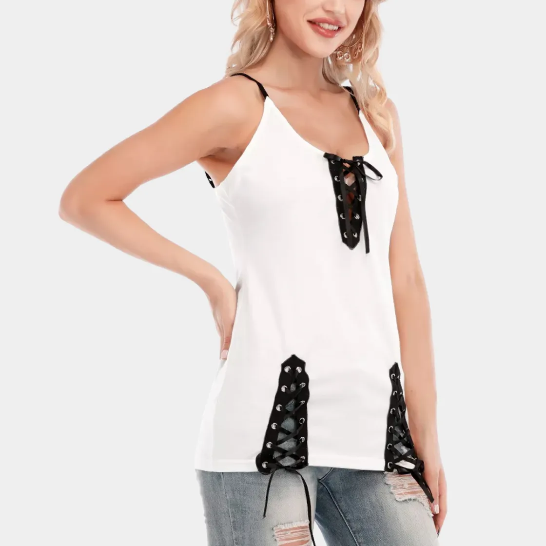 All-Over Print Women's V-neck Eyelet Lace-up Cami Dress