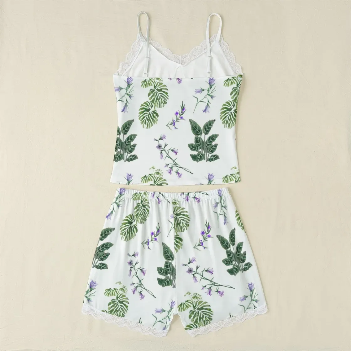 All-Over Print Women's Cami Home Suit With Lace Edge