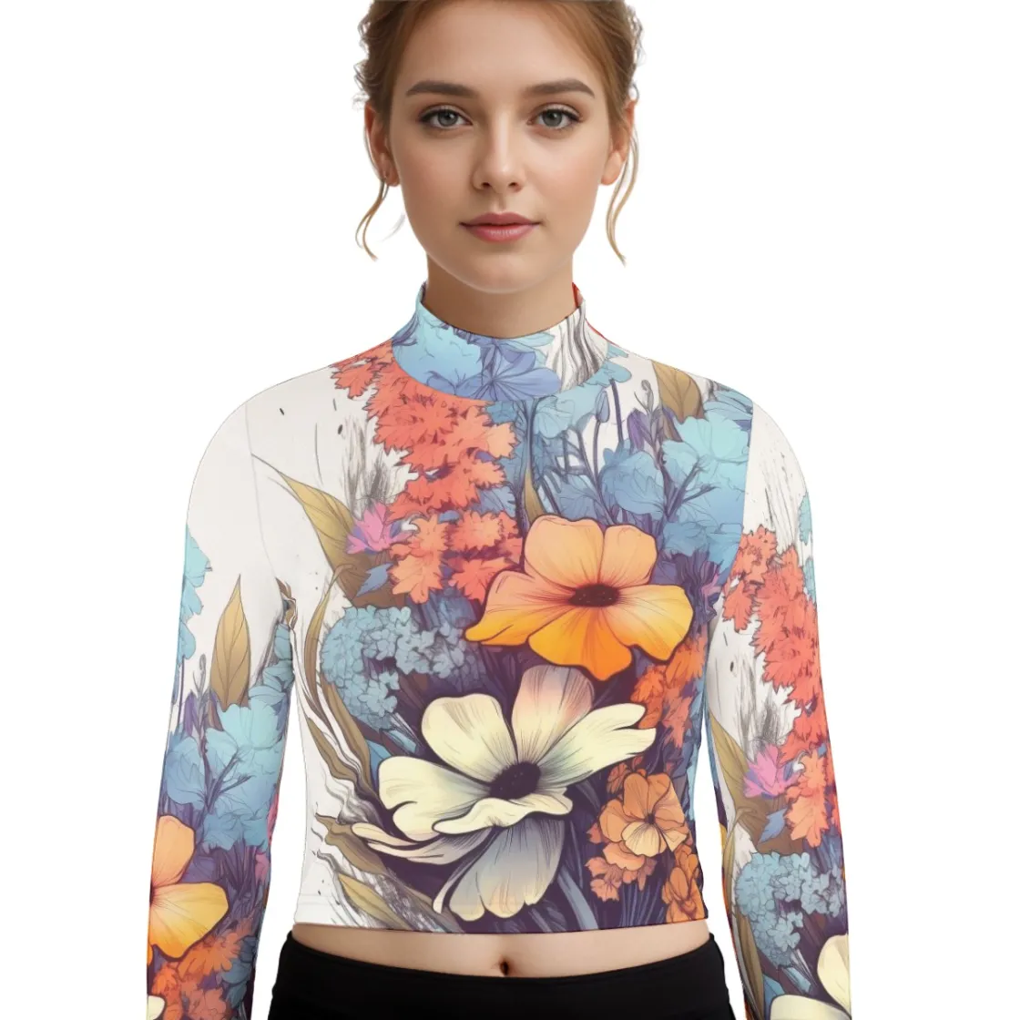 Eco-Friendly All-Over Print Women's Turtleneck T-shirt With Long Sleeve