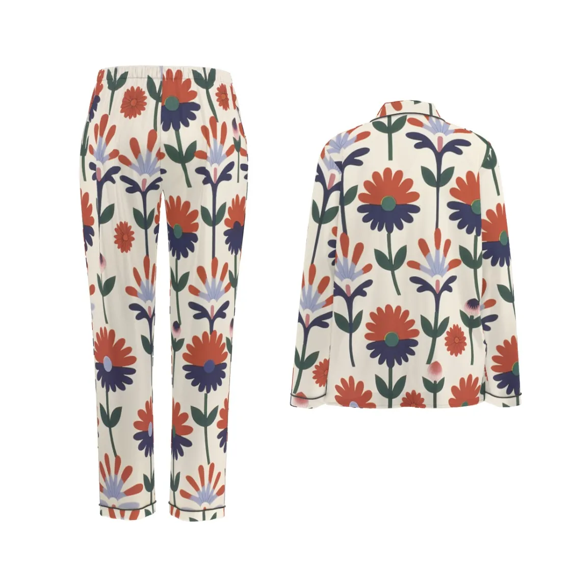 All-Over Print Women's Long Sleeve Pajama Set With Black Contrast Piping