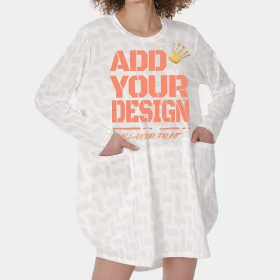 All-Over Print Women's Casual Loose Long Sleeve Dress With Pocket