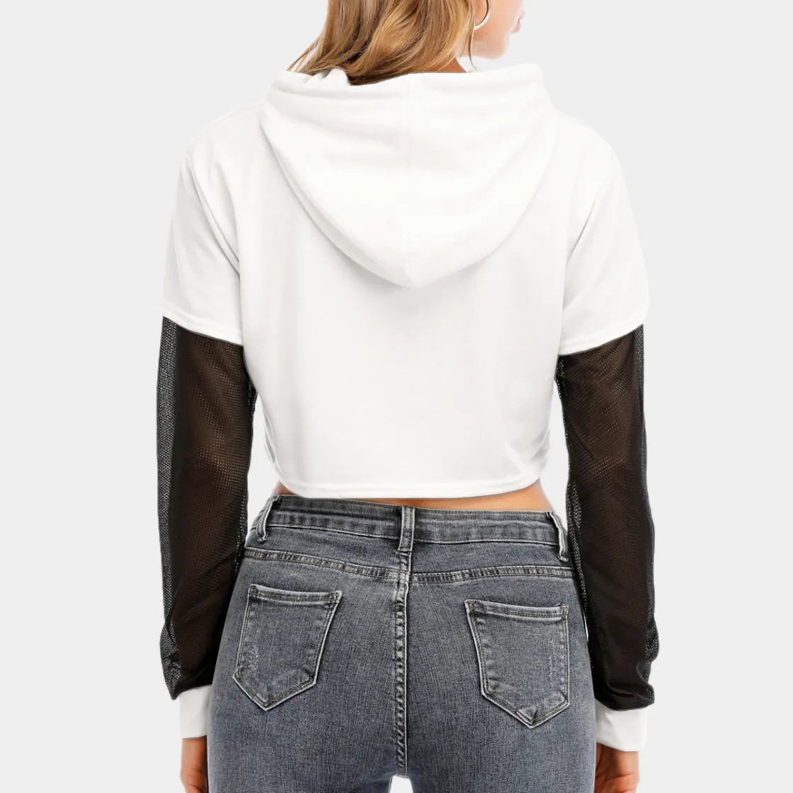 All-Over Print Women's Fake Two-piece Mesh Sleeve Cropped Hoodie