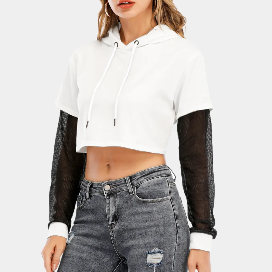 All-Over Print Women's Fake Two-piece Mesh Sleeve Cropped Hoodie