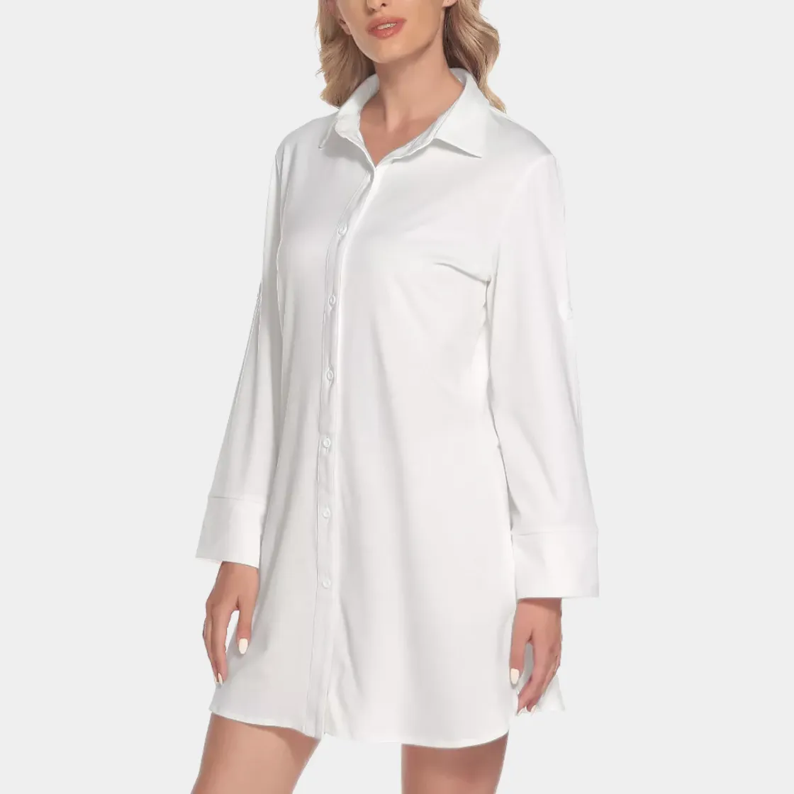 All-Over Print Women's Lapel Shirt Dress With Long Sleeve
