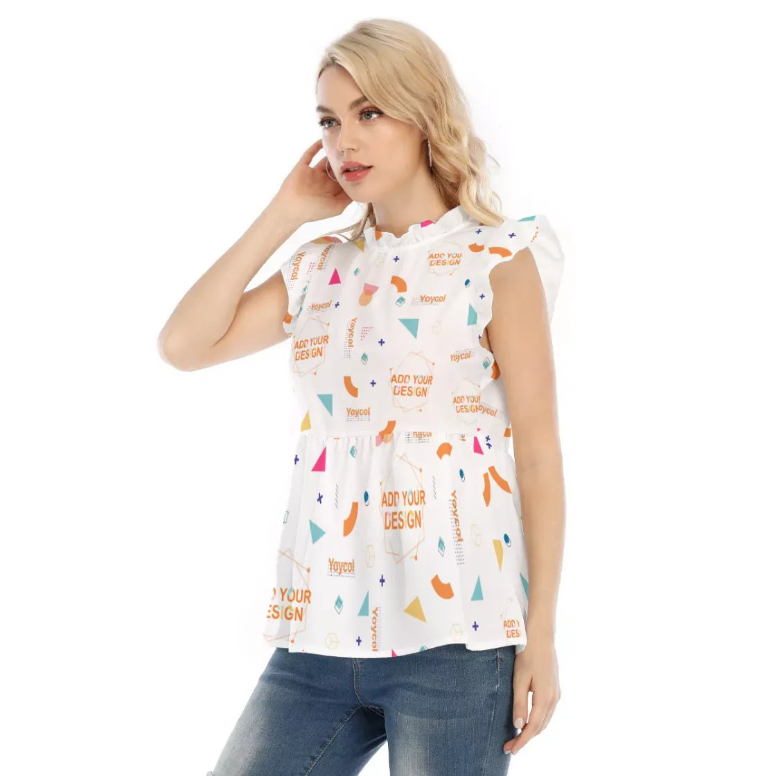 All-Over Print Women's Blouse With Lotus Leaf Lace