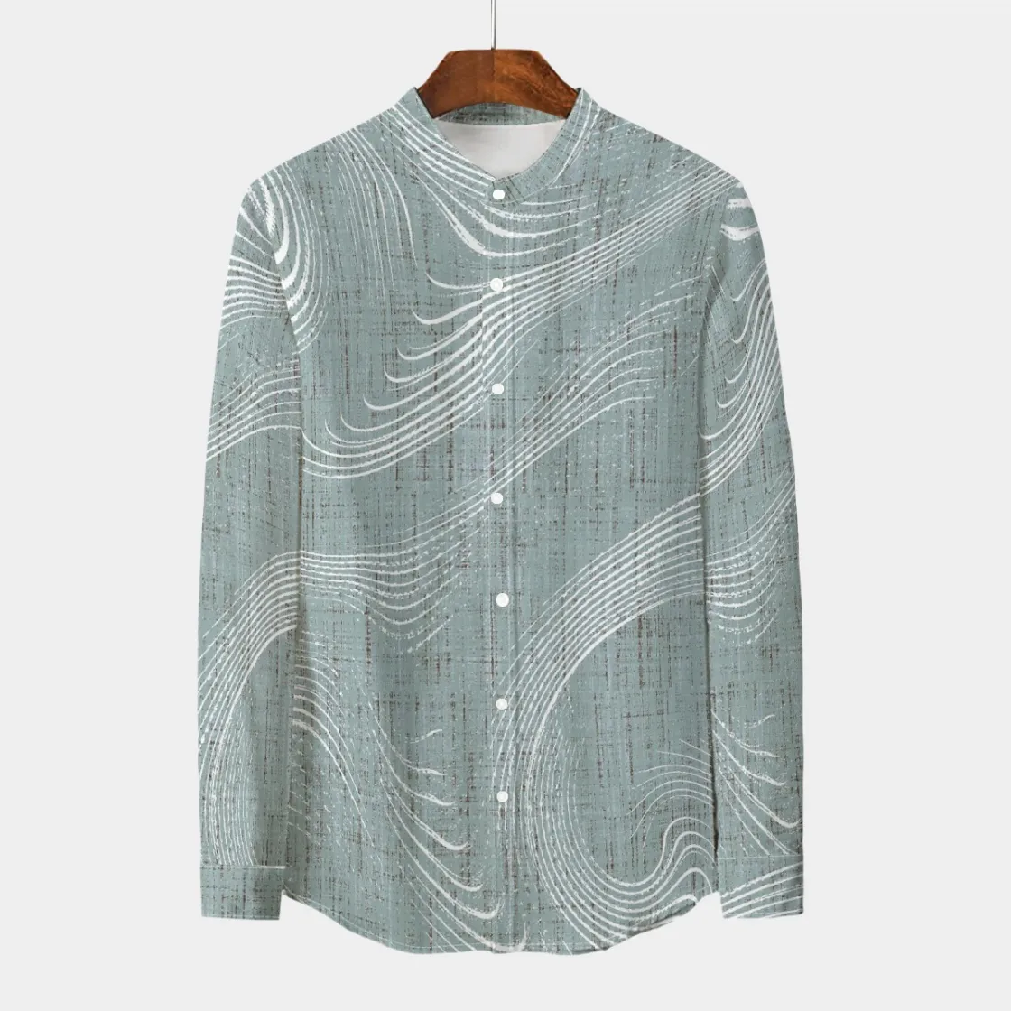 All-Over Print Men's Stand Collar Shirt With Long Sleeve|110GSM Imitation Flax