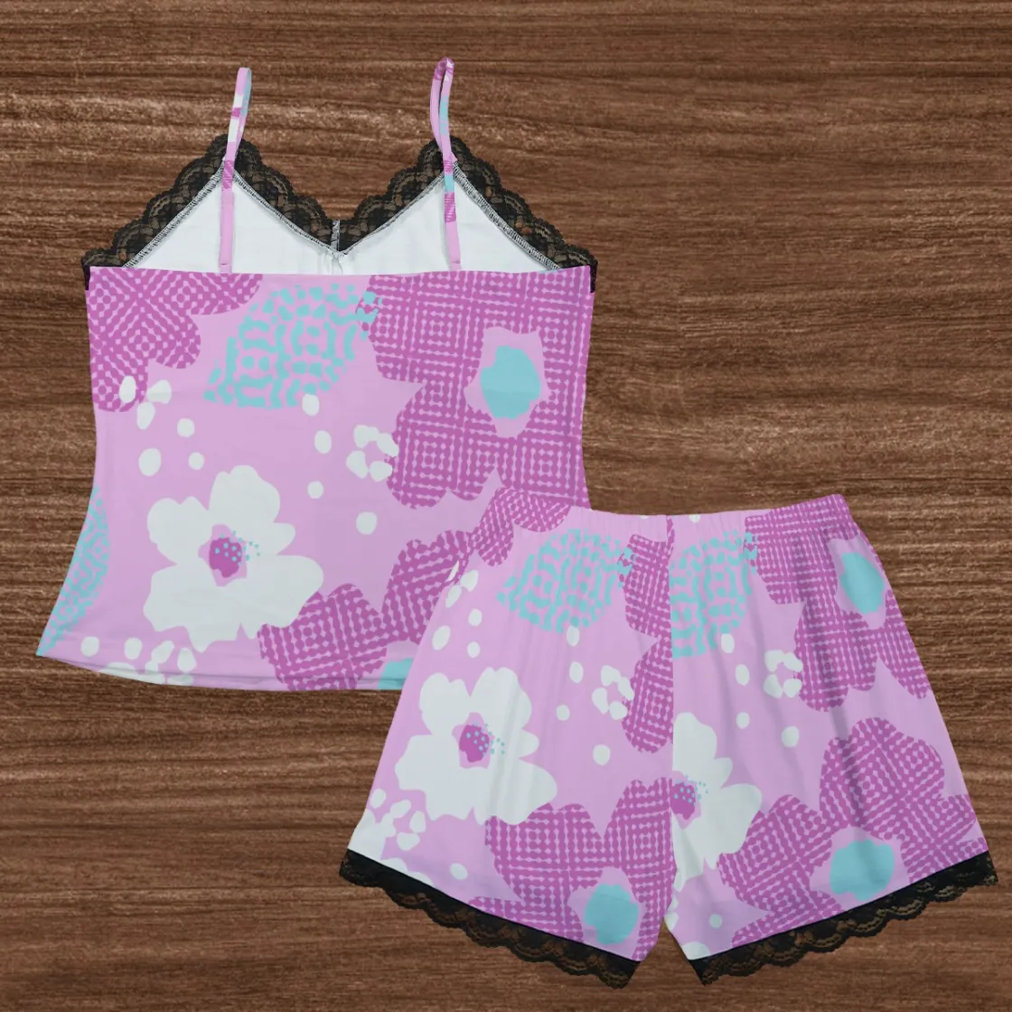 All-Over Print Women's Cami Home Suit With Lace Edge