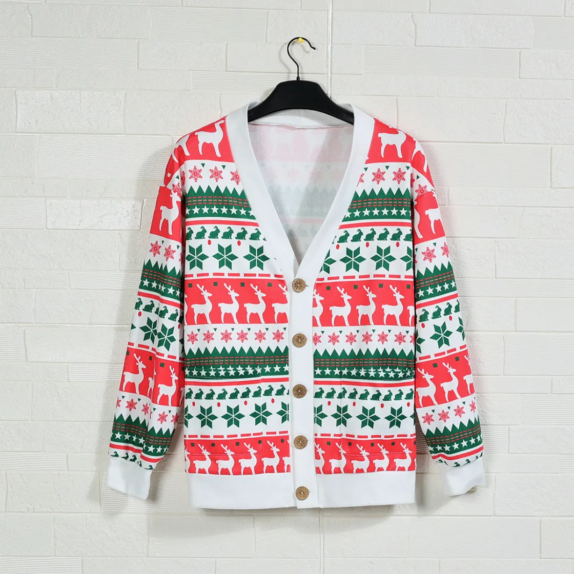 All-Over Print Unisex V-neck Knitted Fleece Cardigan With Button Closure