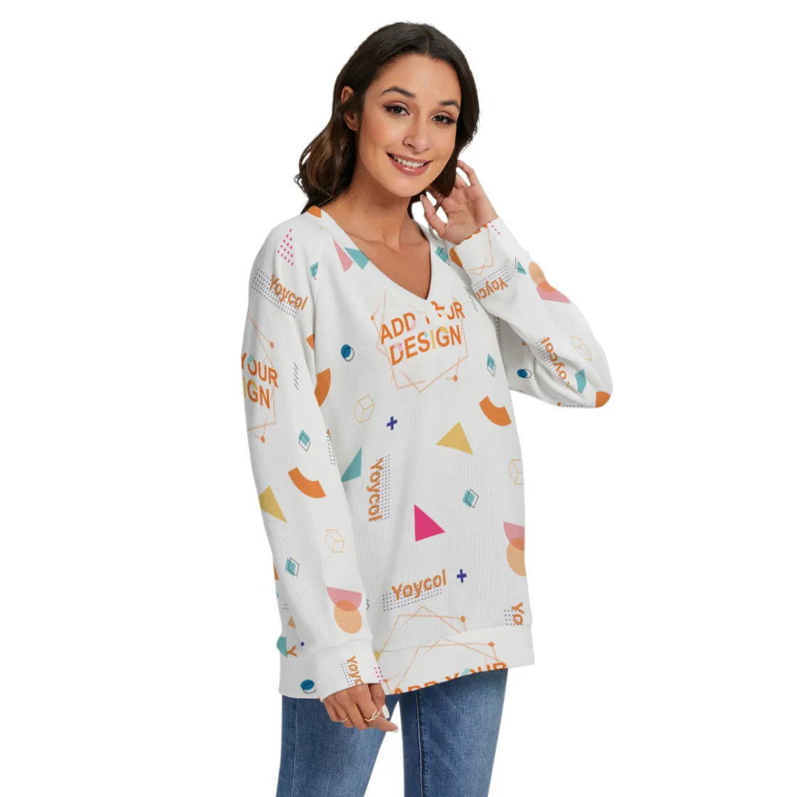 All-Over Print Women's V-neck Imitation Knitted Sweater With Long Sleeve