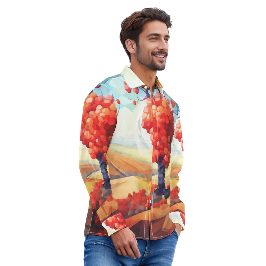 All-Over Print Men's Lapel Collar Shirt With Concealed Placket