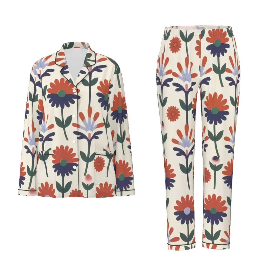 All-Over Print Women's Long Sleeve Pajama Set With Black Contrast Piping