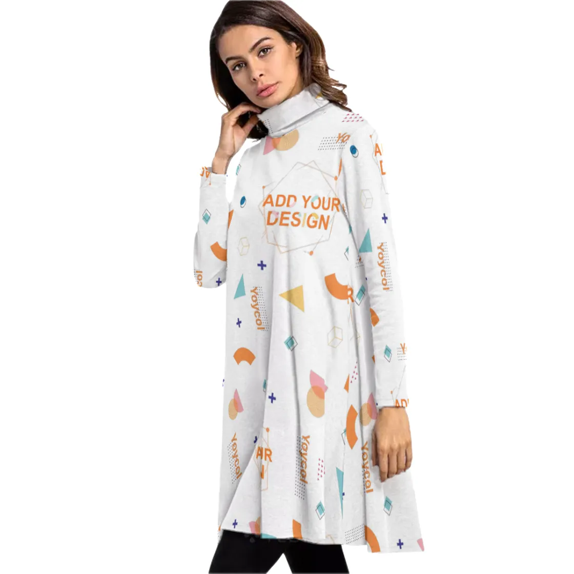 All-Over Print Women's High Neck Dress With Long Sleeve