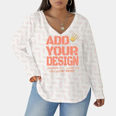 All-Over Print Women's V-neck T-shirt With Curved Hem(Plus Size)