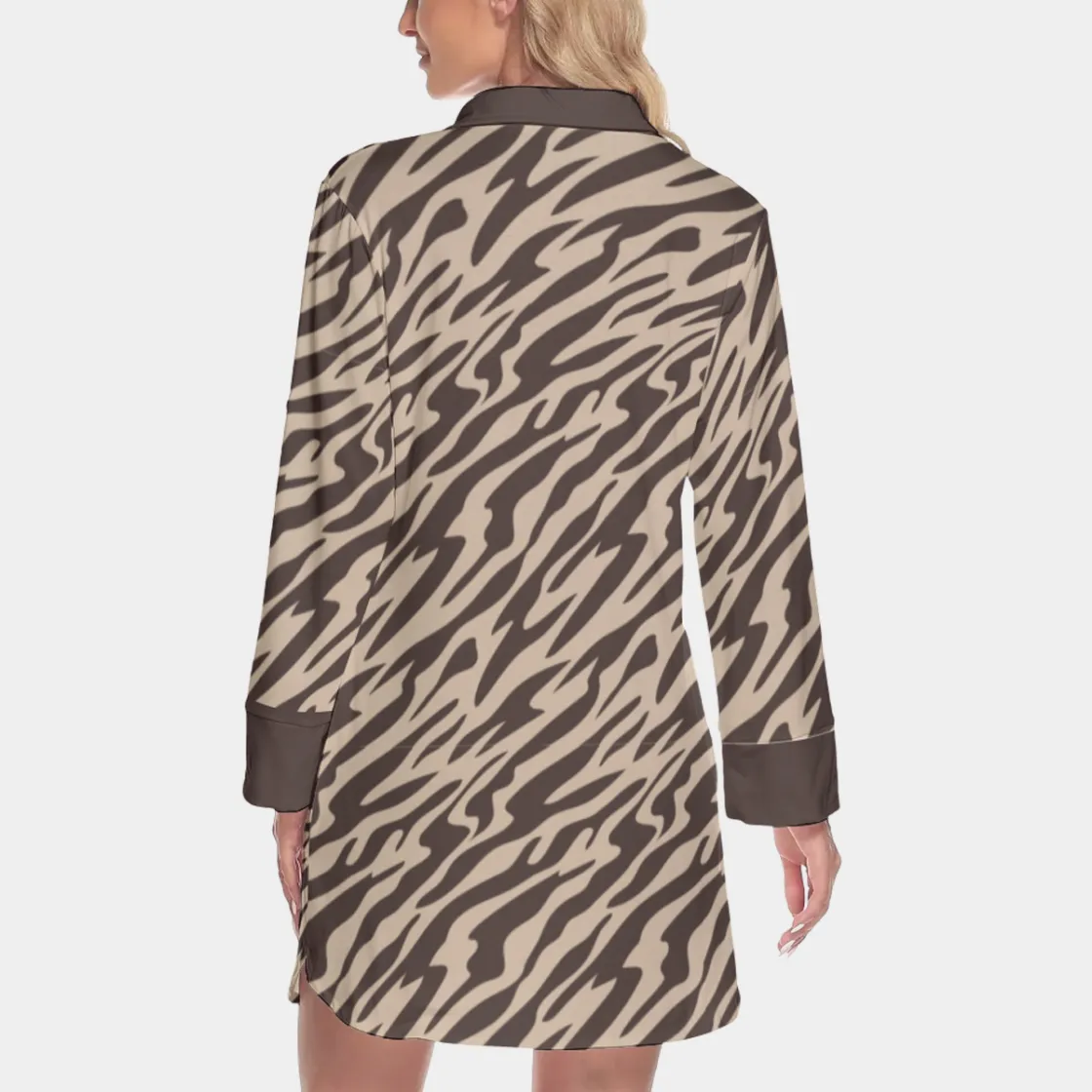 All-Over Print Women's Lapel Shirt Dress With Long Sleeve