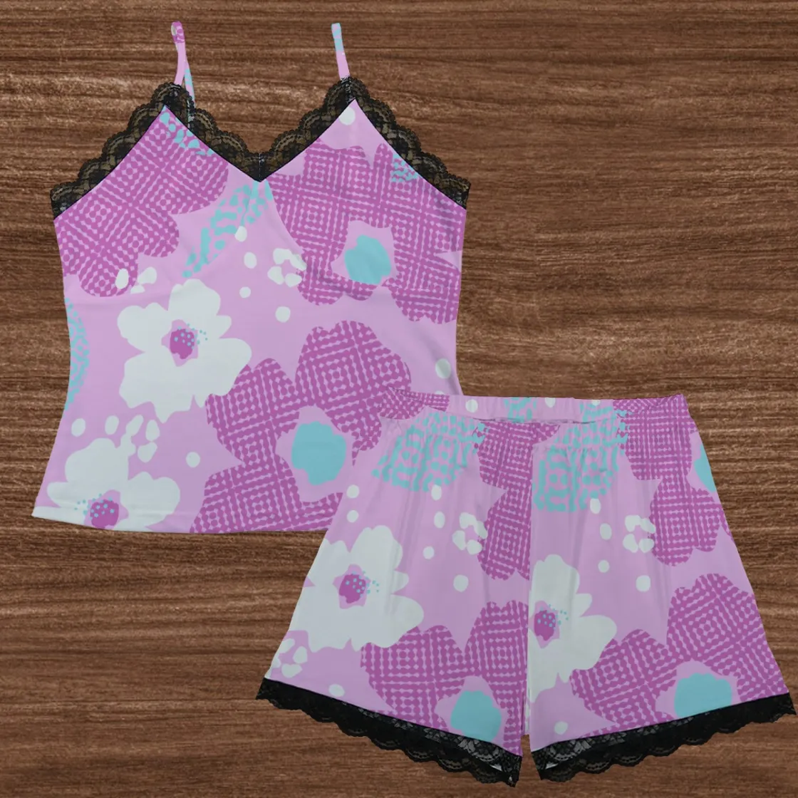 All-Over Print Women's Cami Home Suit With Lace Edge