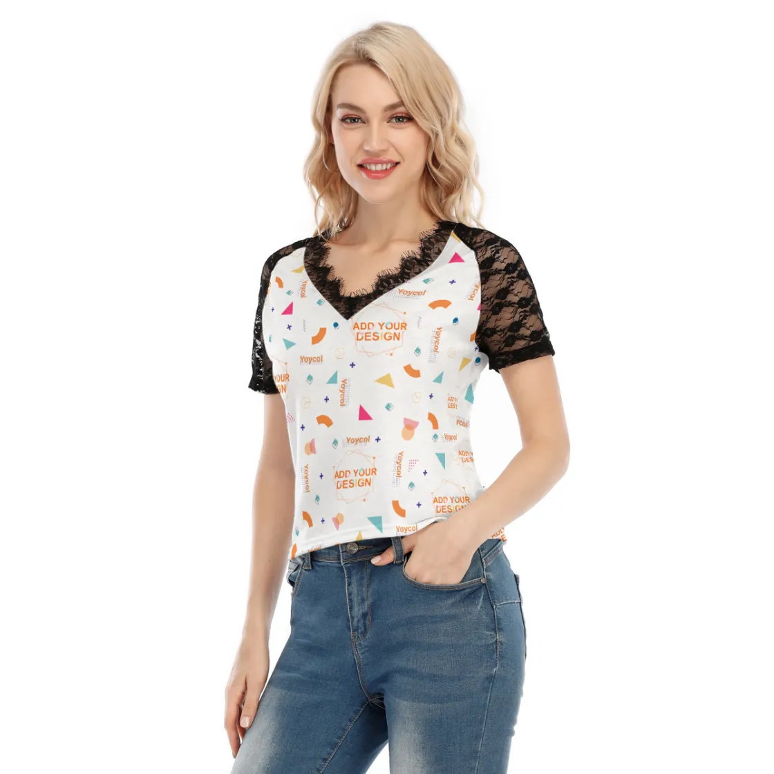 All-Over Print Women's V-neck T-shirt With Lace
