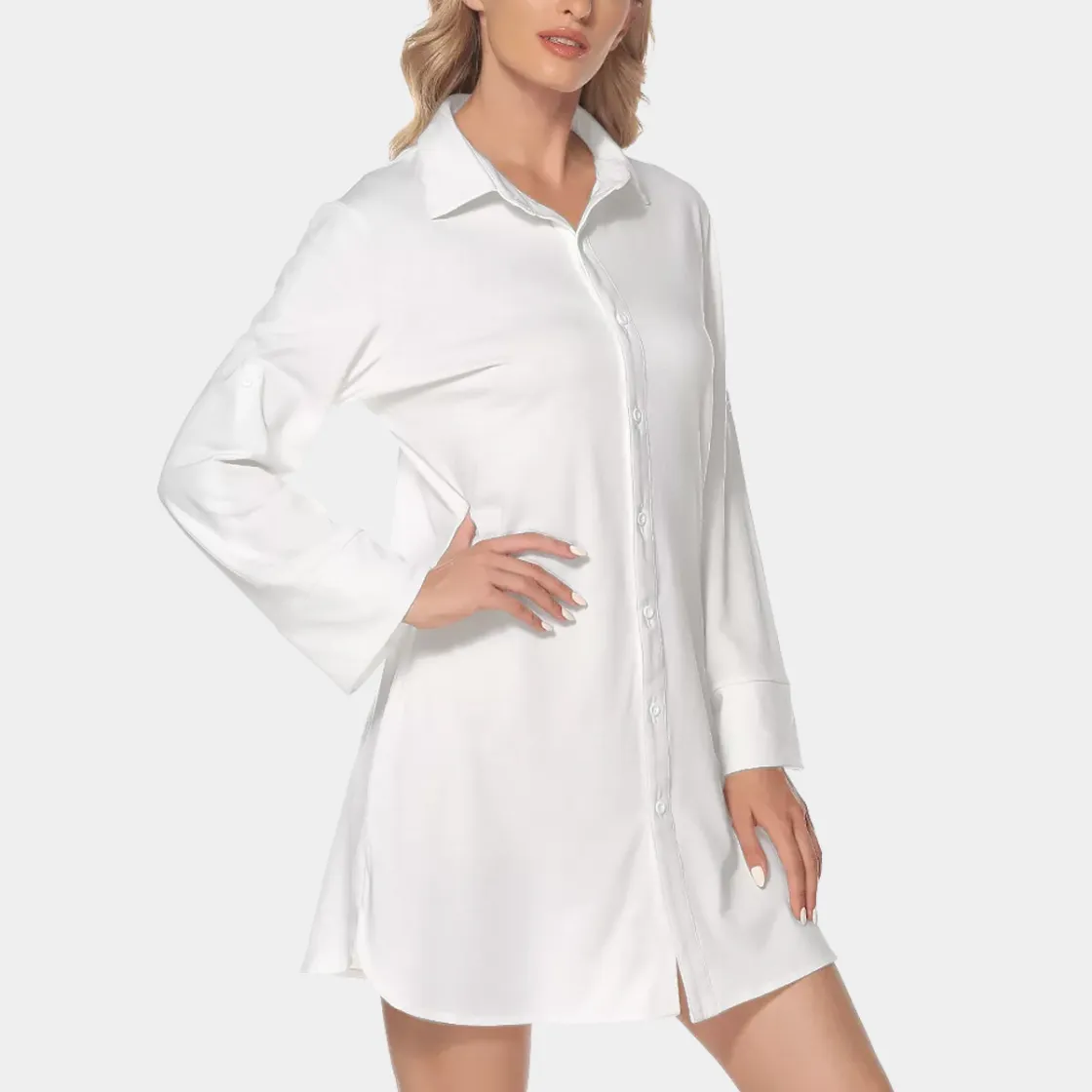 All-Over Print Women's Lapel Shirt Dress With Long Sleeve