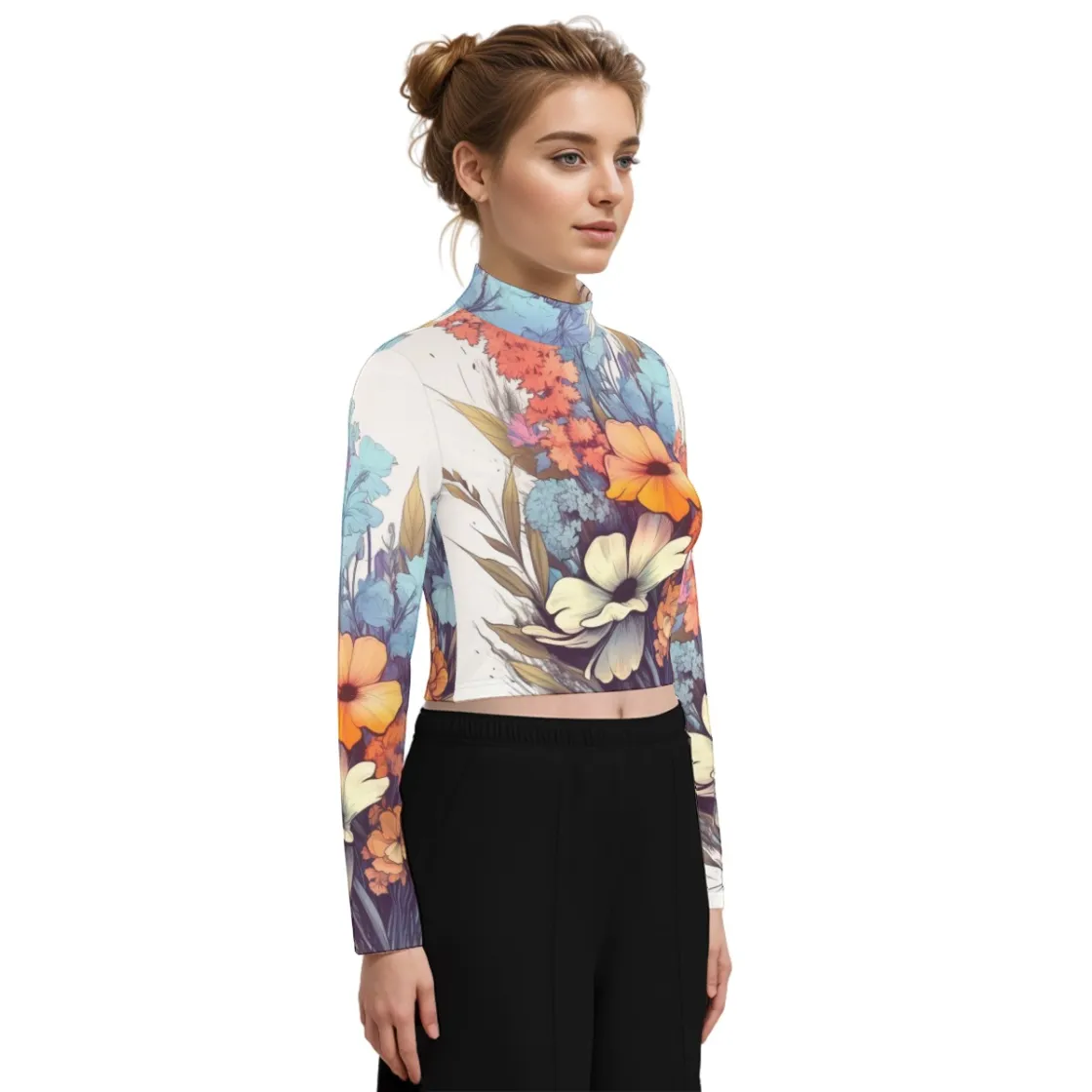 Eco-Friendly All-Over Print Women's Turtleneck T-shirt With Long Sleeve