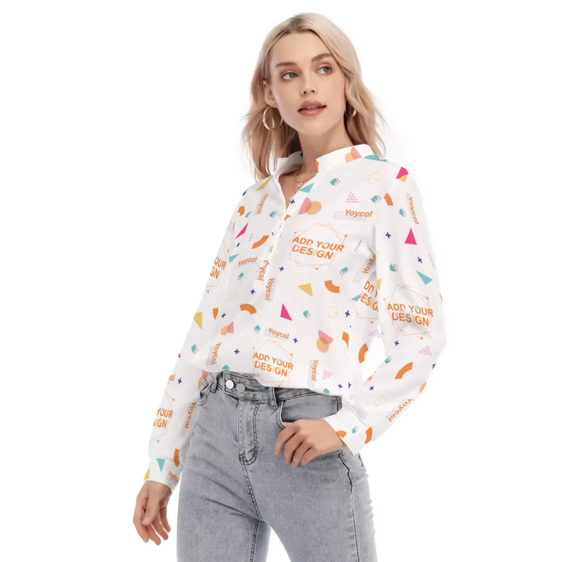 All-Over Print Women's Long Sleeve Blouse With Button Closure