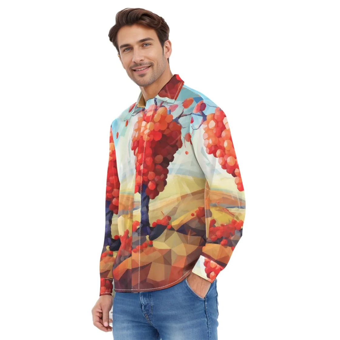 All-Over Print Men's Lapel Collar Shirt With Concealed Placket