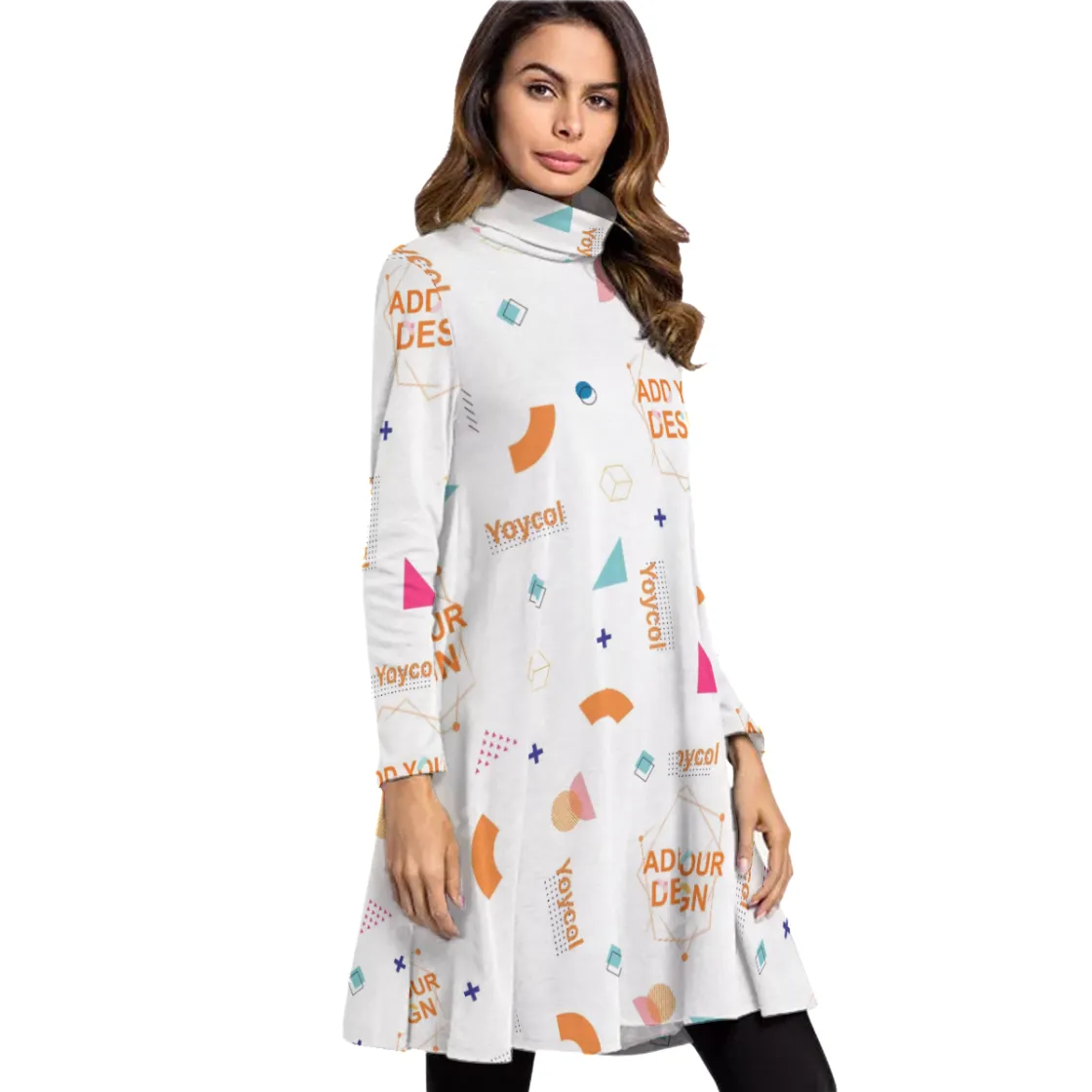 All-Over Print Women's High Neck Dress With Long Sleeve