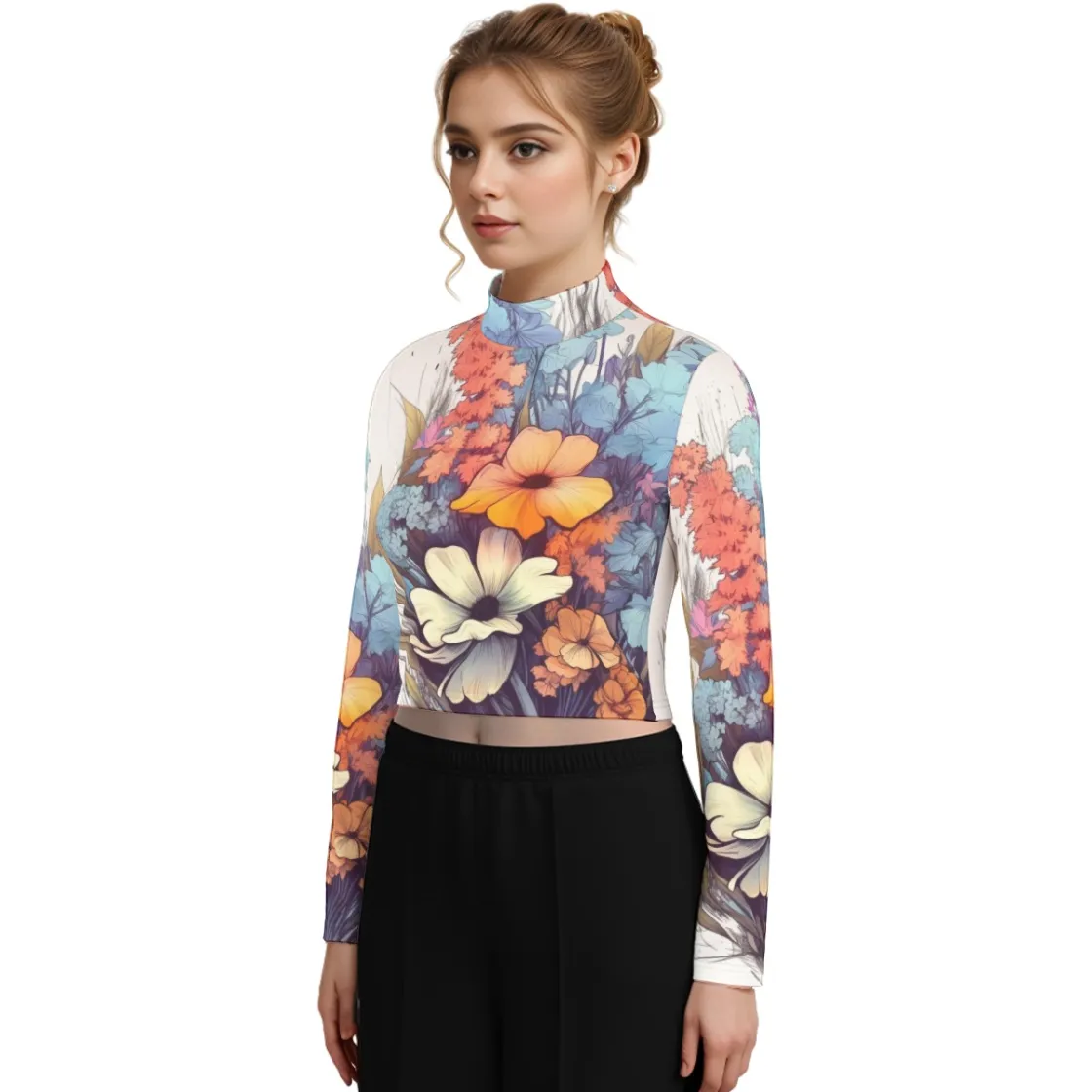 Eco-Friendly All-Over Print Women's Turtleneck T-shirt With Long Sleeve