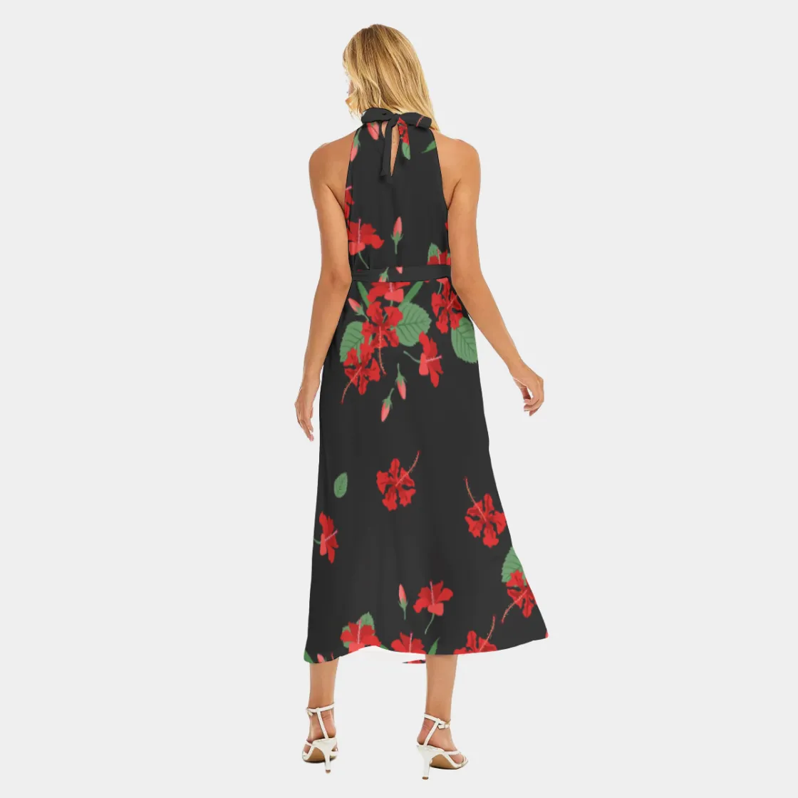 All-Over Print Women's Wrap Hem Belted Halter Dress
