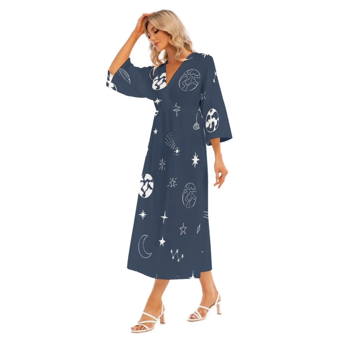All-Over Print Women's Mid-Sleeve Long Dress