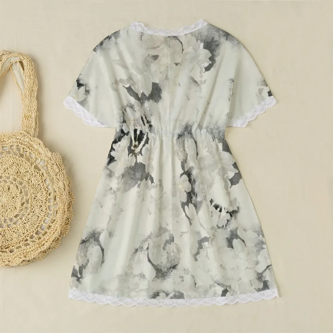 All-Over Print Women's Lace Edge Sleepwear With Bat Sleeve