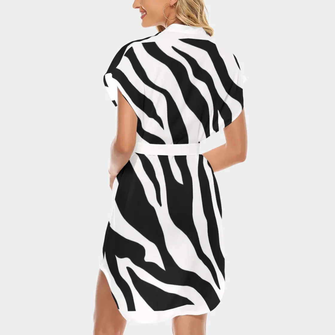 All-Over Print Women's Stand-up Collar Casual Dress With Belt