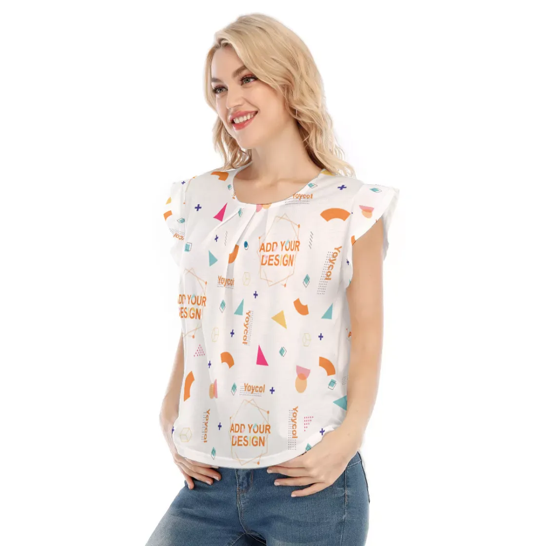 All-Over Print Women's O-neck T-shirt With Ruffle Sleeves