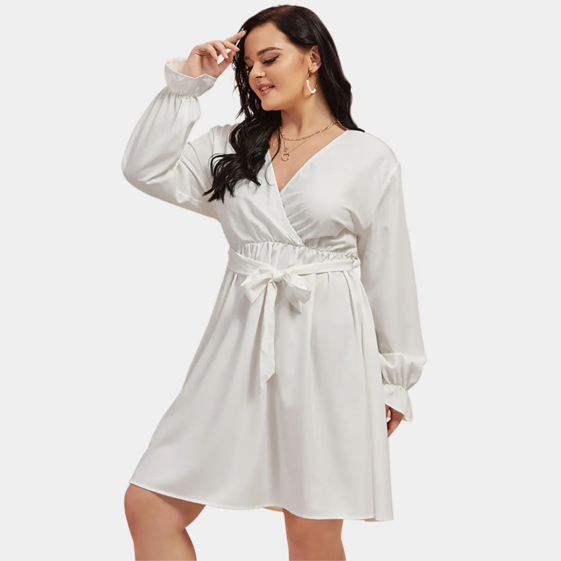 All-Over Print Women's V-neck Dress With Waistband(Plus Size)