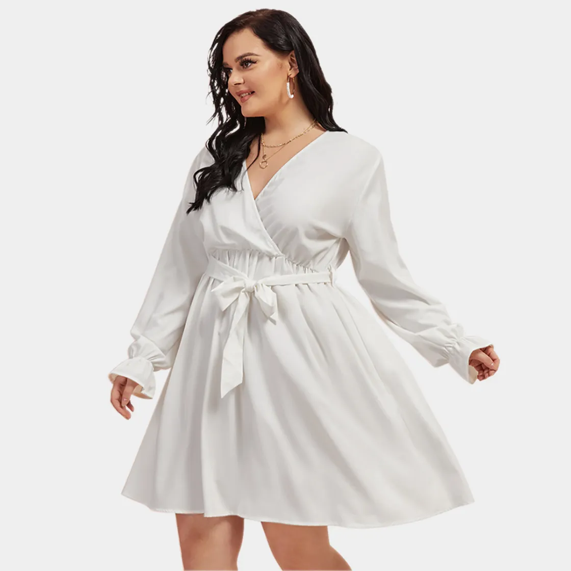 All-Over Print Women's V-neck Dress With Waistband(Plus Size)